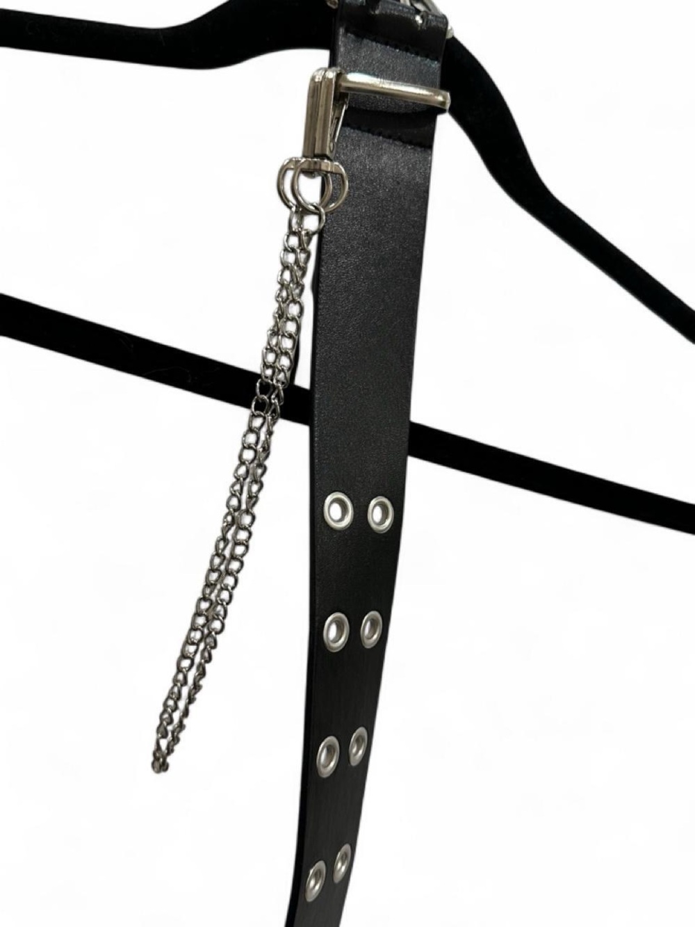 Black Studded Leather Belt with Chain Accent - Women Accessories - Picture 2 of 2